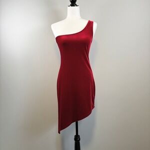 Vintage Y2K Red Velvet One Shoulder Asymmetrical Dress Sparkle Vegas Medium
